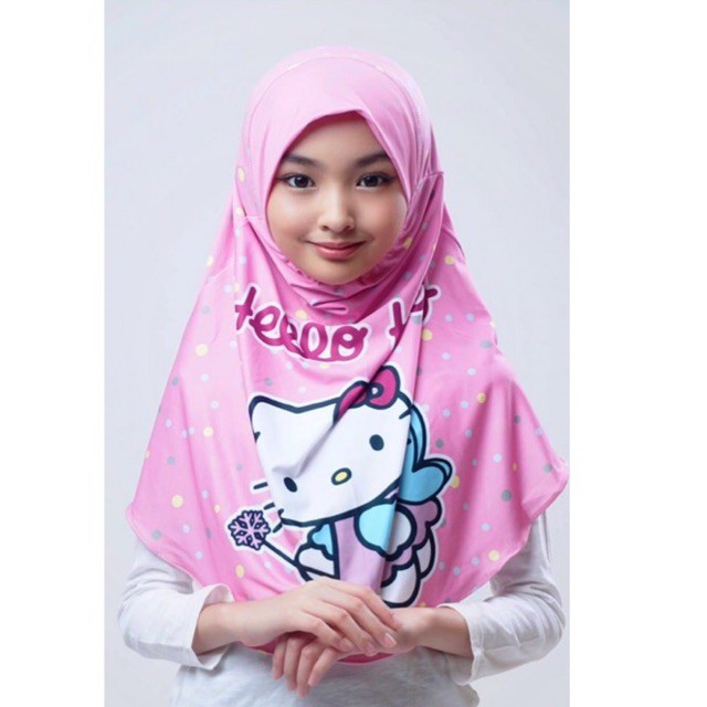 BERGO ANAK PRINTING MOTIF HELLOKITTY PINK / HIJAB INSTANT ANAK KARAKTER LUCU