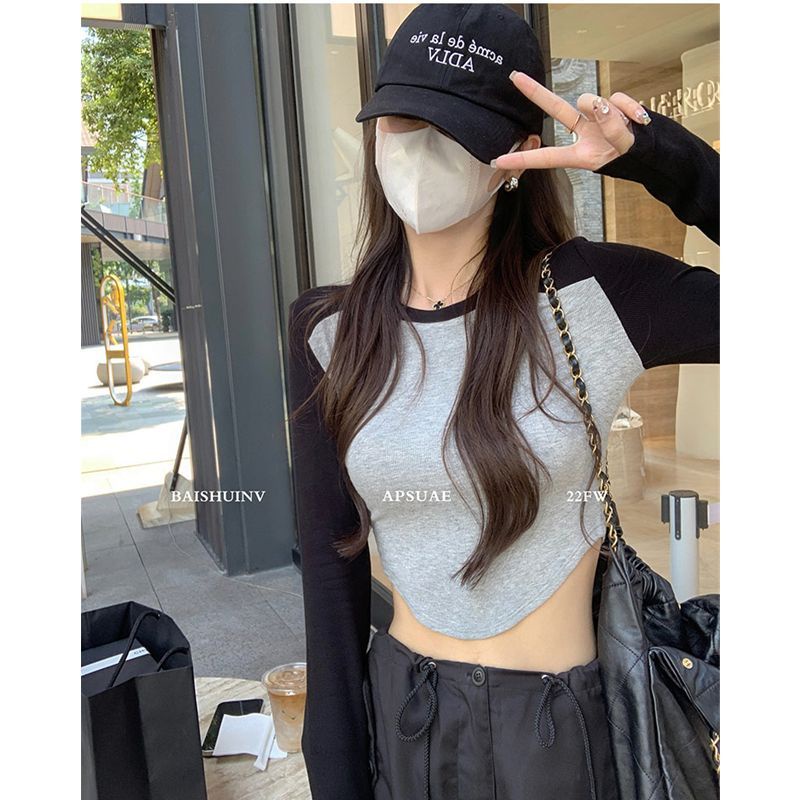 Suhao Amerika hot girl threaded raglan lengan T-shirt wanita awal musim gugur gaya baru jahitan ramping ramping pendek lengan panjang top in pasang