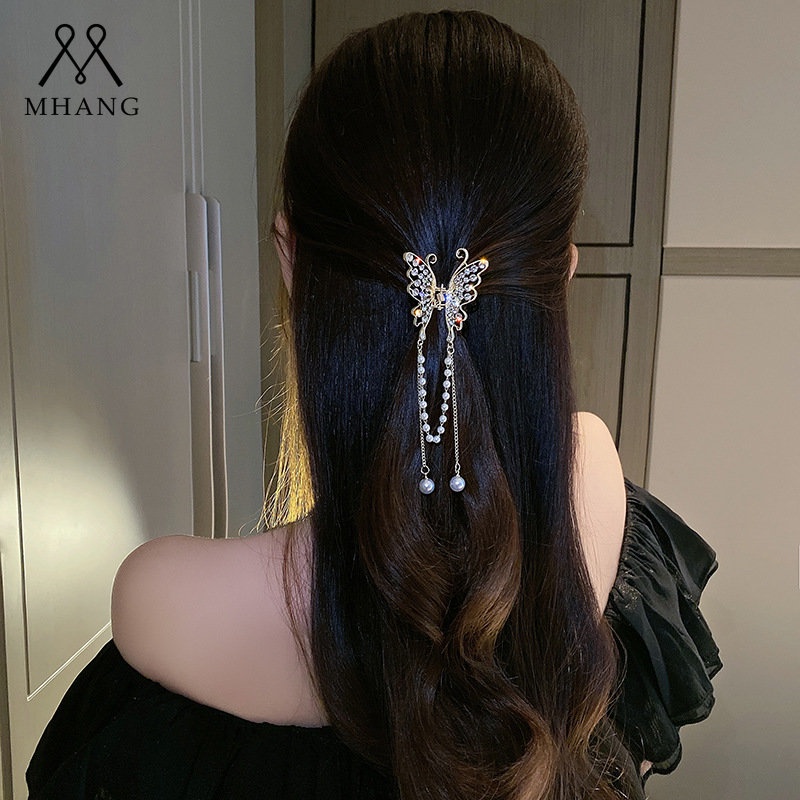 Jepit Rambut Bentuk Kupu-Kupu Aksen Mutiara Dan Berlian Imitasi Gaya Korea Butterfly