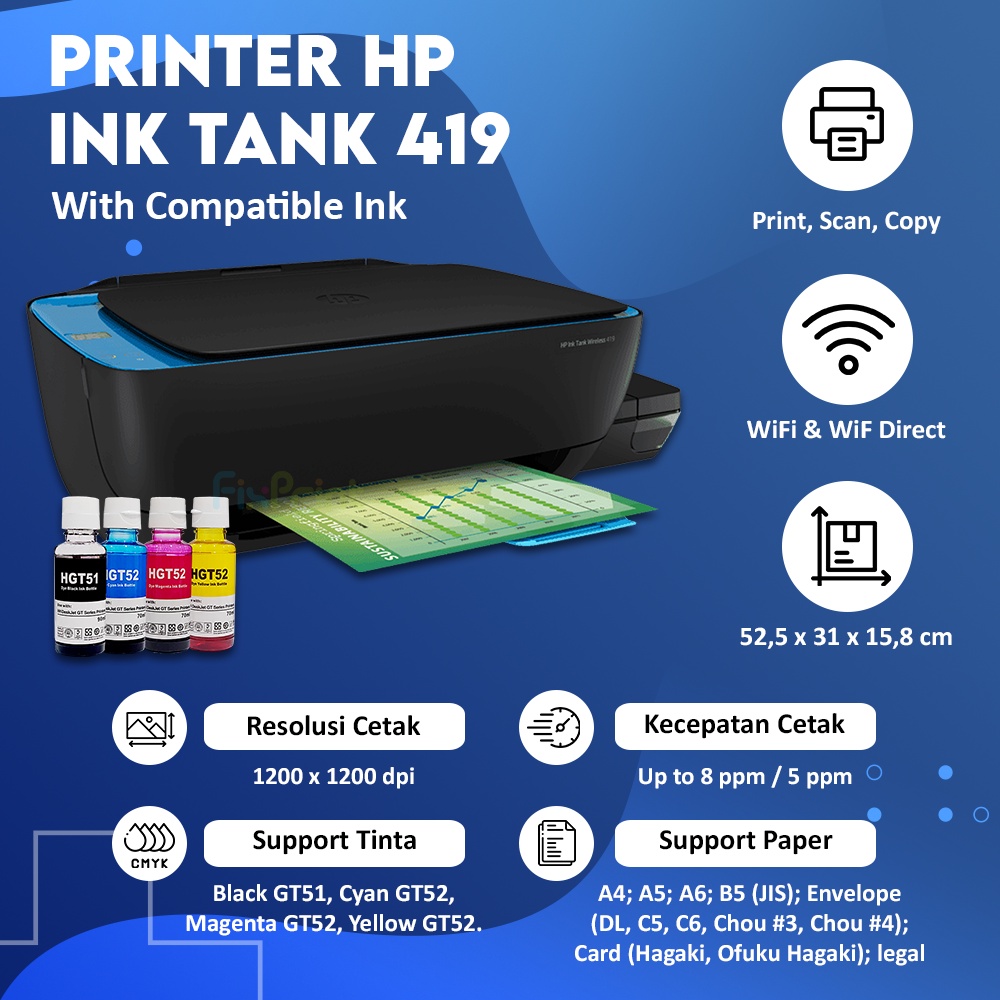 Printer InkTank 419 Wireless All in One Print Scan Copy WiFi