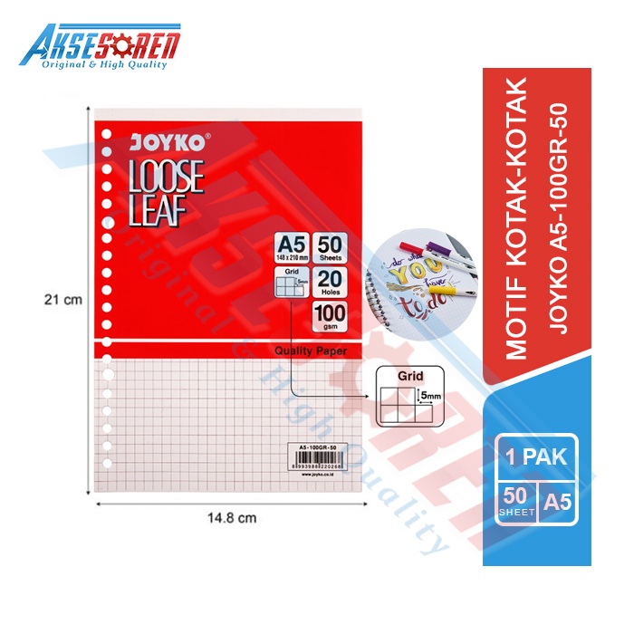 

Kertas Binder Loose Leaf A5-100GR-50 Joyko Kotak-kotak [50 Lembar] / Isi Binder A5 1 Pak / Kertas Buku Binder Loose Leaf A5 / Isi Ulang Kertas Buku Blinder Kuliah Kotak-kotak Joyko 1 Pack