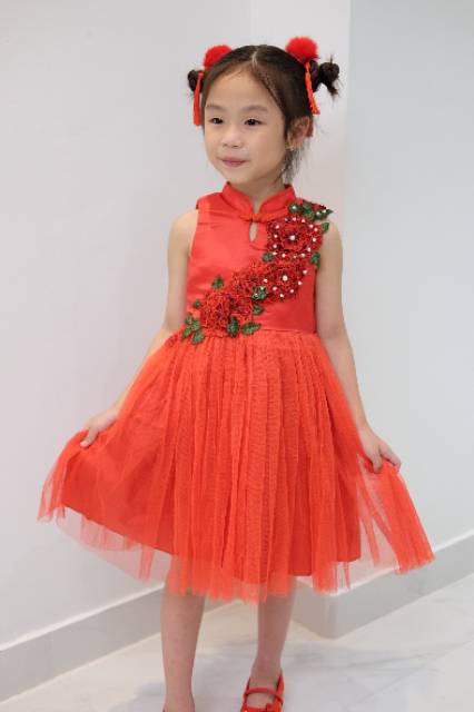 Cheongsam Merah Anak Perempuan Tutu Rosse Motek