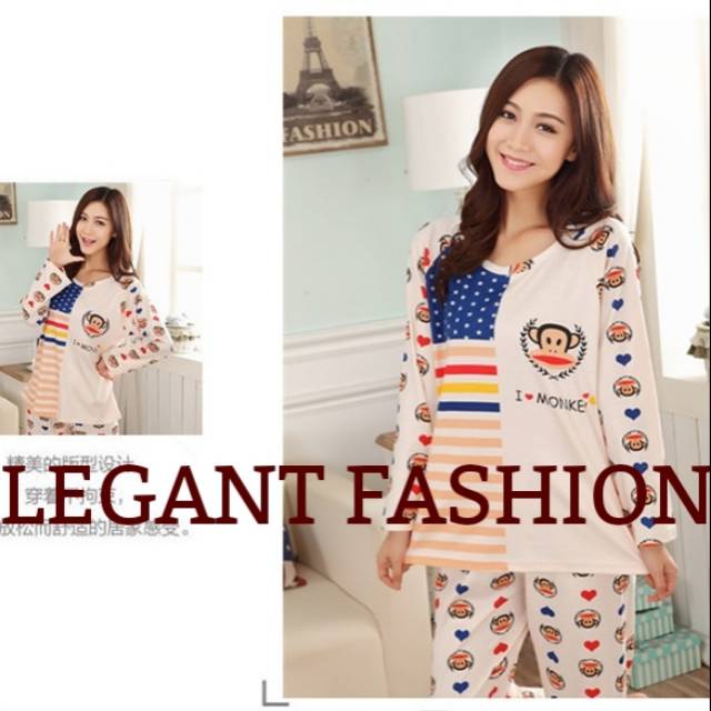BAJU TIDUR PIYAMA KAOS SETELAN PANJANG WANITA CEWEK DEWASA IMPORT PAULFRANK CREAM
