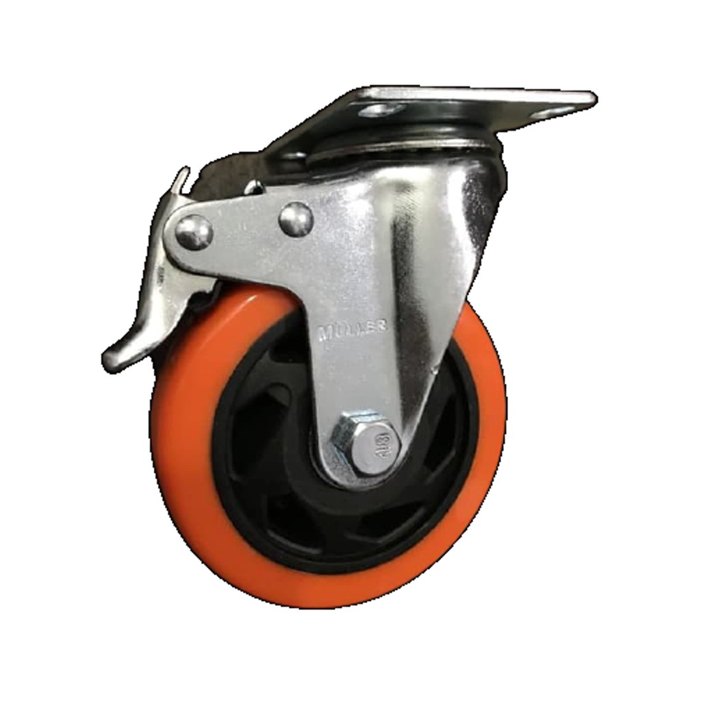 Roda Caster / Troli / Troly PU Orange 4 Inch Rem ( Swivel Brake ) Muller