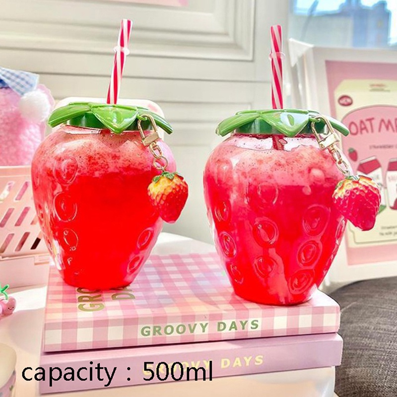 Botol Air Minum Susu Kopi 500ml Dengan Sedotan Motif Strawberry Untuk Rumah