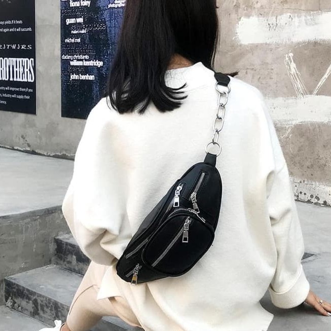 Tas Pinggang Waist Bag Wanita Korea Murah Travel Kulit Hitam Polos Batam Cewek Dompet Kpop Lucu A4