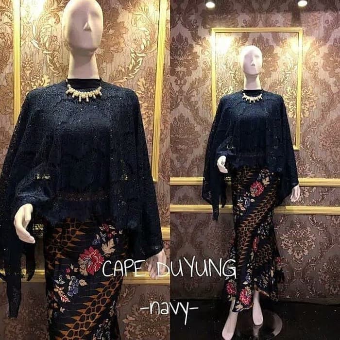 Set Cape Brukat Warna Navy Mix Duyung / Kebaya Modern