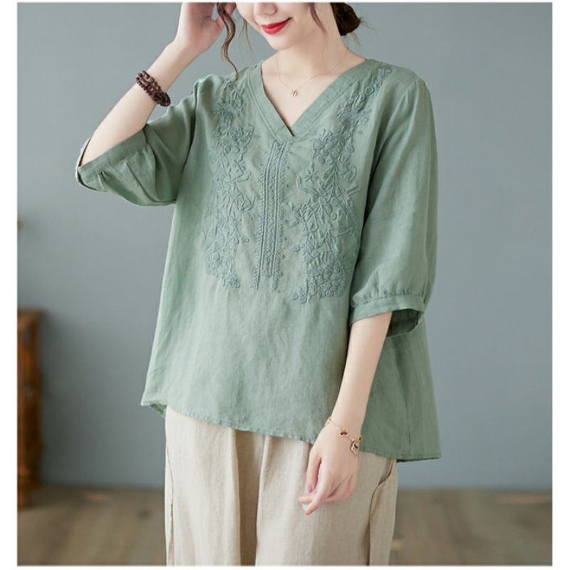 5071 Baju Blouse blus polos leher Vi vineck lengan pendek depan bordir gaya Korean style katun impor