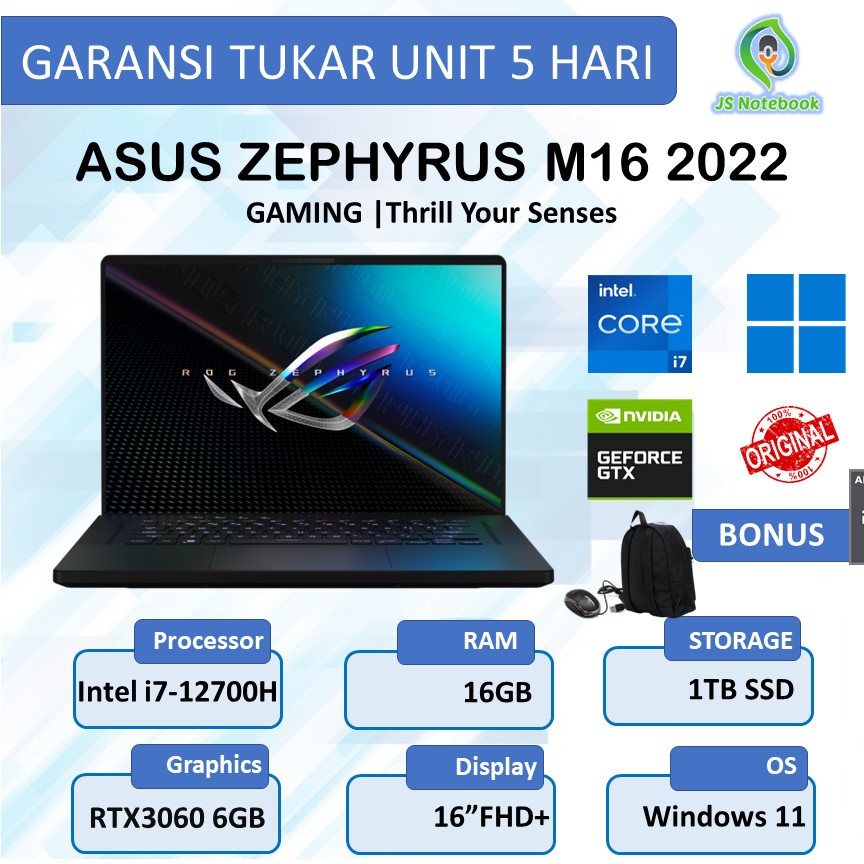 ASUS ROG ZEPHYRUS M16 2022 RTX3060 6GB i7-12700H 16GB 1TB SSD W11 16"FHD-BLACK