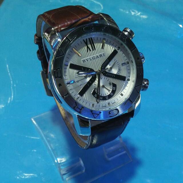 JAM TANGAN PRIA BVLGARI TALI KULIT COKLAT TIPE METIK UDAH PAKAI BOX