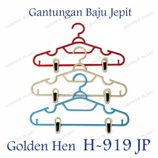 1 Pak = 6 Pcs Golden Hen Gantungan Baju Plastik + Jepit / Hanger Clip H - 919 - Jp