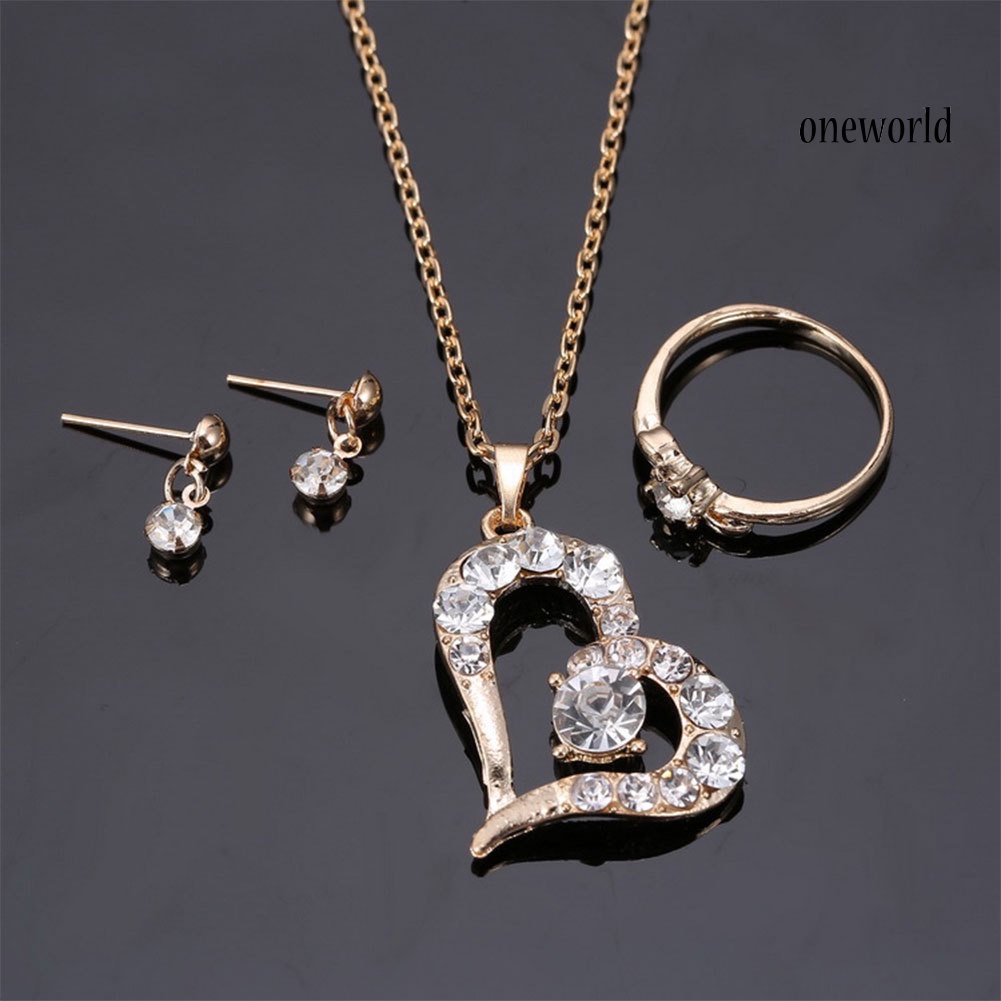 OW@ Luxury Love Heart Pendant Rhinestone Necklace Ring Earrings Women Jewelry Set