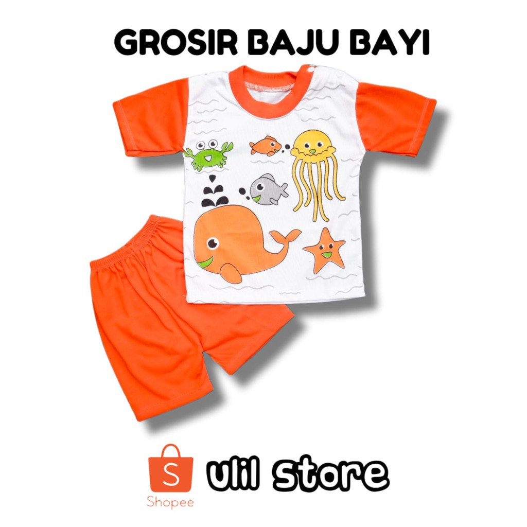 Setelan Baju Pendek Baju Bayi Kancing Pundak Usia 3-15 Bulan NDL Motif