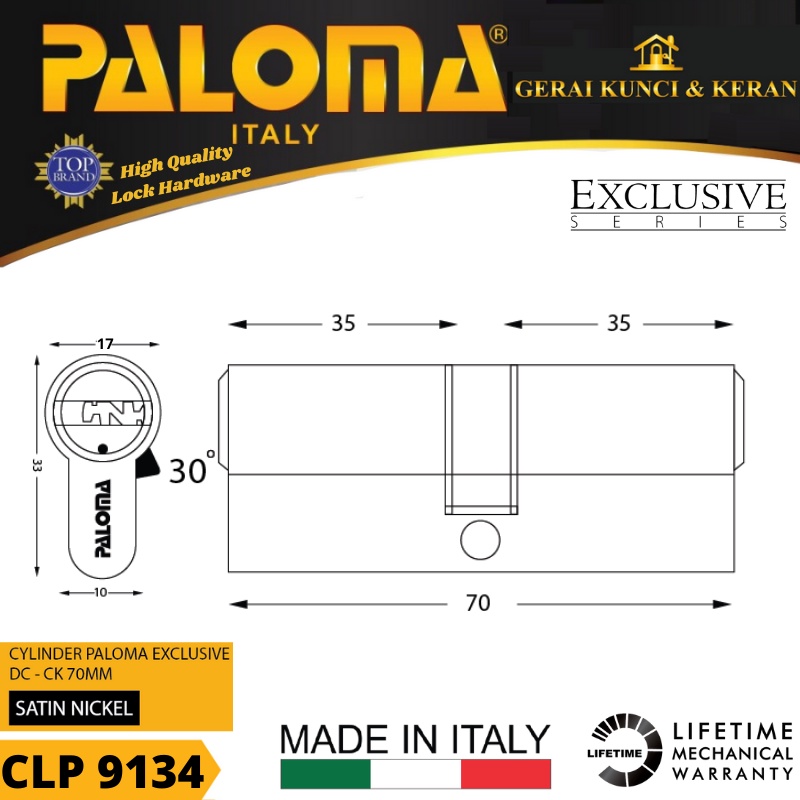 PALOMA CLP 9134 CYLINDER ITALY 70 MM EXCLUSIVE KUNCI PINTU BRASS SATIN NICKEL