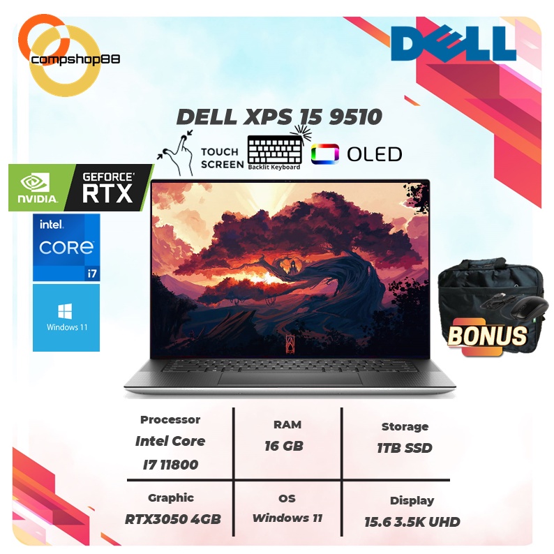 laptop dell xps 15 9510 oled 3 5k uhd touch i7 11800 16gb 1tbssd rtx3050ti 4gb w11 15 6