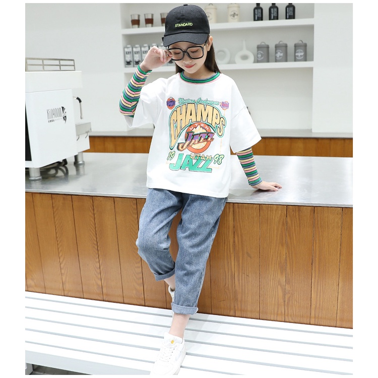 babyfit CHAMPIONEESE 4-10thn baju setelan sweater double sleeve anak perempuan set celana jeans