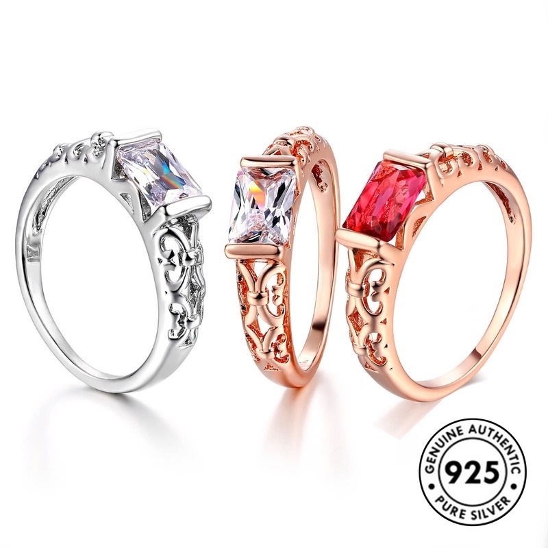 Cincin S925 Silver Warna Rose Gold Bentuk Persegi Aksen Berlian