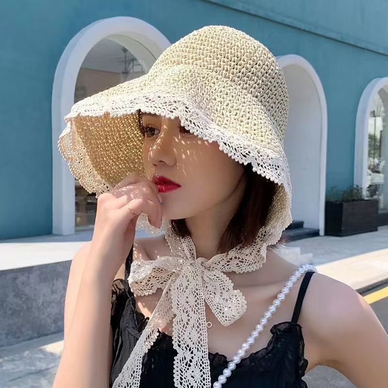 Topi Pantai Model Nelayan Bahan Jerami Aksen Renda Gaya Korea Untuk Wanita