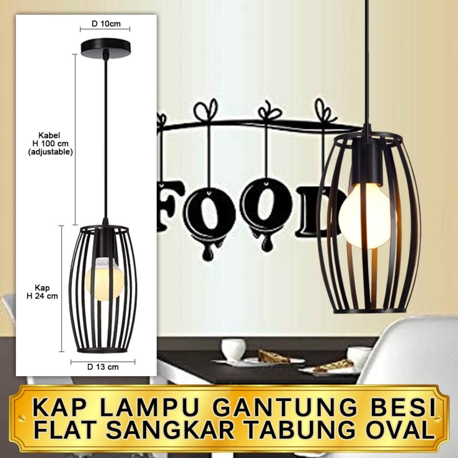 Kap Lampu Gantung Besi Flat Sangkar Tabung Oval Cafe Vintage Edison