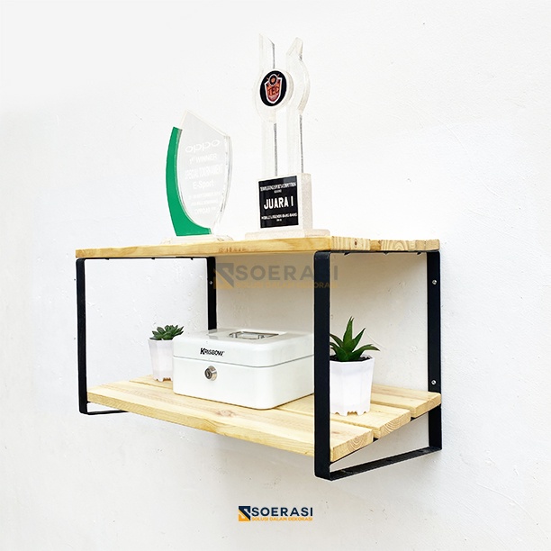 PURI Rak Dinding Tempel Gantung Ambalan Susun Tingkat 2 Ruang Tamu Keluarga Besi dan Kayu Penyimpana