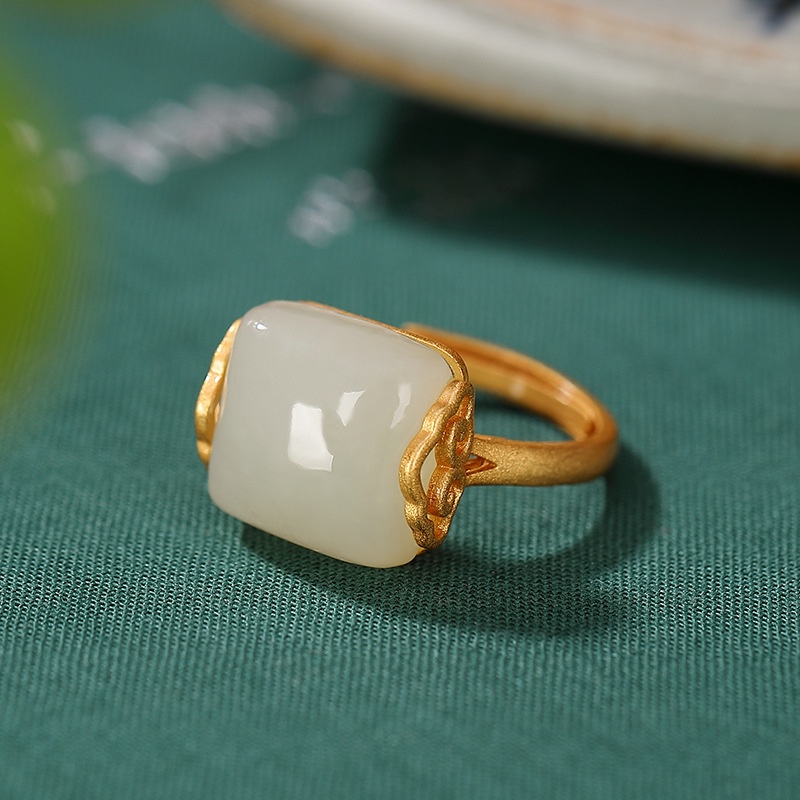 Cincin Batu Giok Hetian Model Terbuka Gaya Retro Elegan