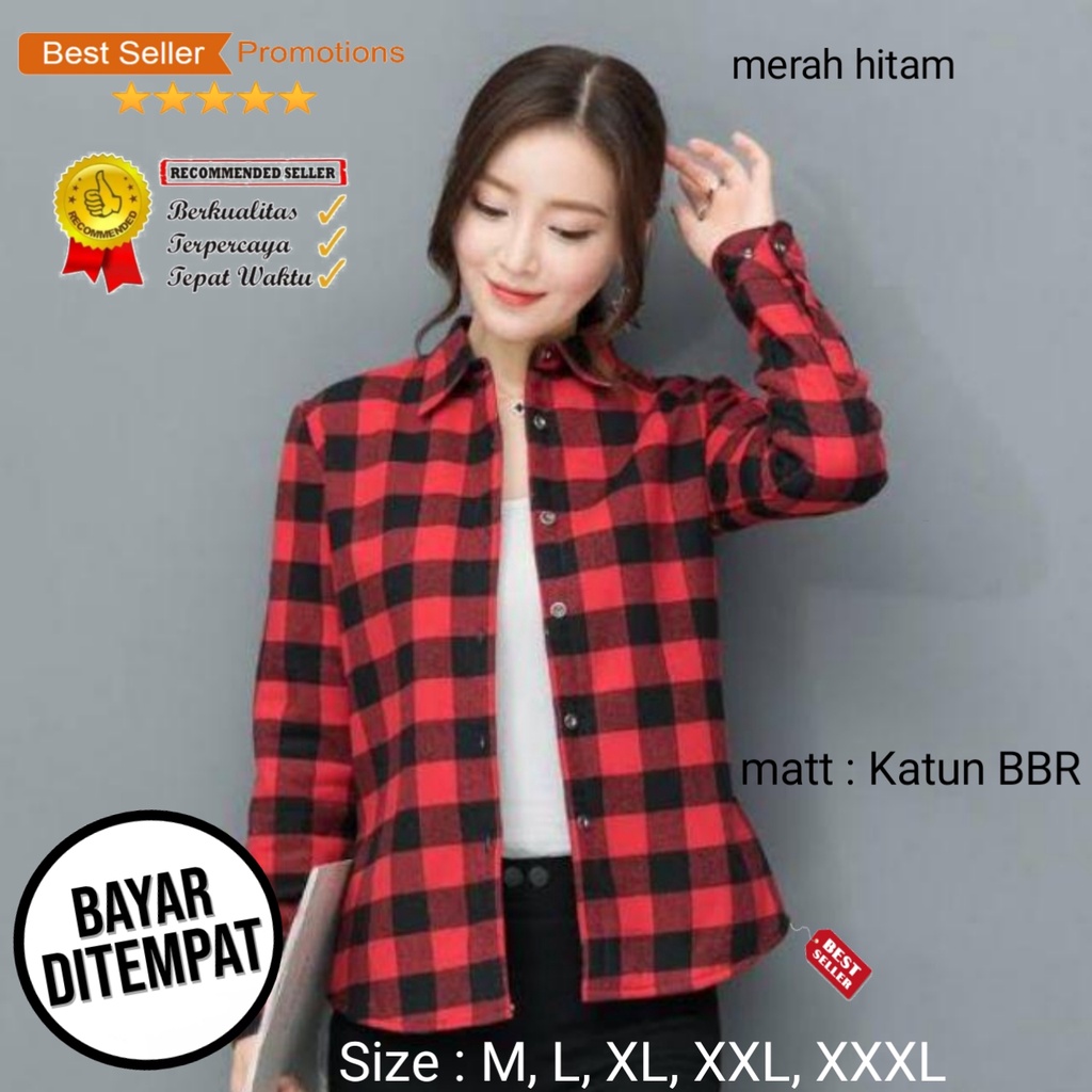 GSL KEMEJA WANITA CASUAL JUMBO KOREA LENGAN PANJANG IMPORT POLOS KOTAK KOTAK OVERSIZE Baju Kemeja Atasan Wanita Hitam Puith Terbaru 2021 Kekinian Viral-Kotak hitam merah