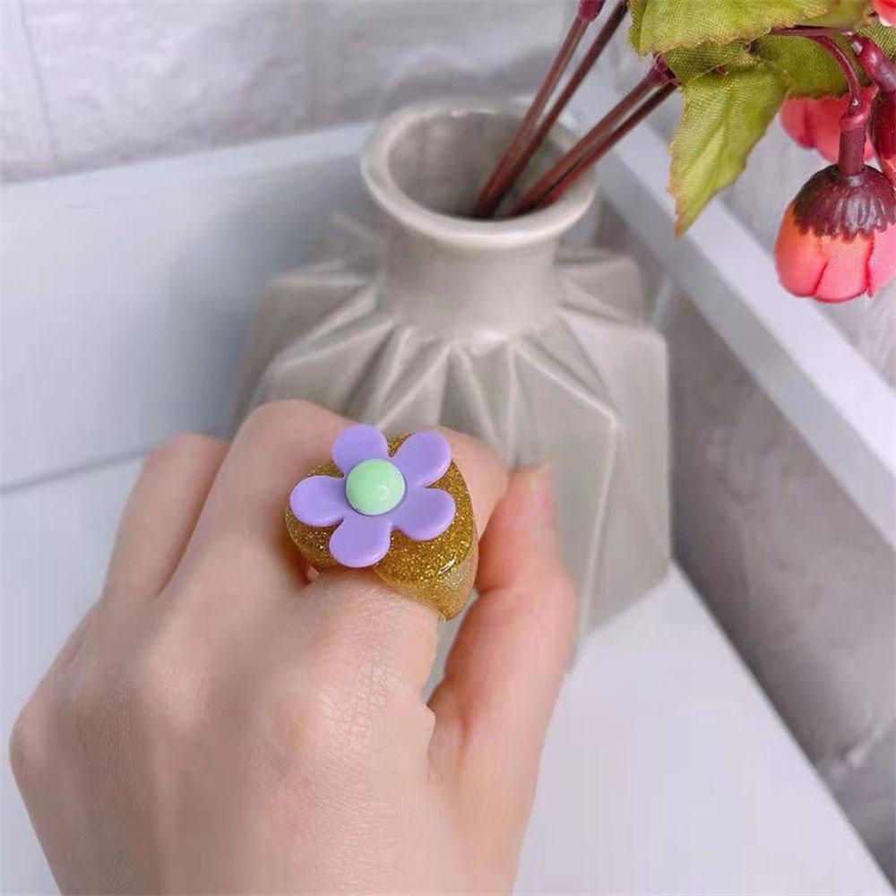 Needway Cincin Korea 2021gaya Baru Bunga Matahari Bunga Smiley Resin Geometris Fashion Perhiasan