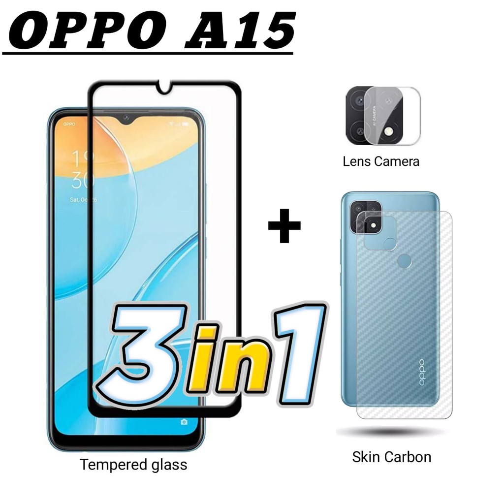 PROMO 3in1 Tempered Glass OPPO A15 / OPPO A15S Anti Gores layar FREE Lens Camera Dan Skin Carbon Handphone
