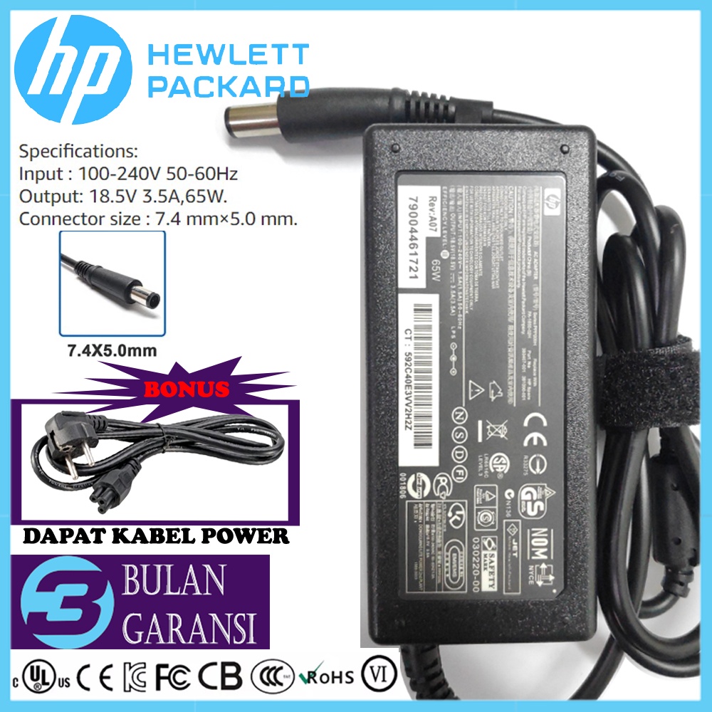 Adaptor Charger Casan Laptop ORI HP Compaq Presario 18.5V 3.5A 65W CQ20 CQ32 CQ35 CQ40 CQ42 CQ43 CQ56 CQ60 HP 1000 DM4 HP EliteBook 8440P 8470P 6930P 2540P 2560P 2570P 2730P 2740P 2760P Probook 4330S 4420S 4421S 4440S 4441S 6455B 6470B 6475B 6570B