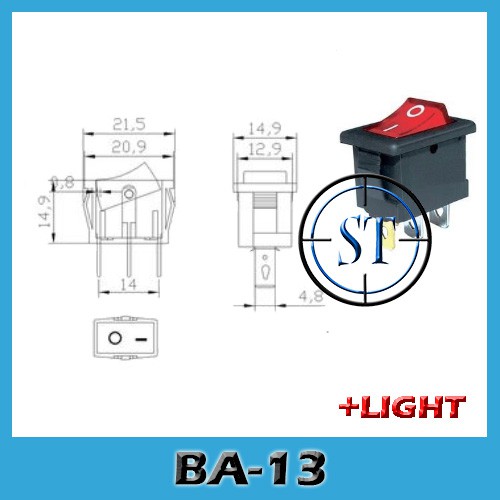 BA-13 Rocker Switch Kotak Saklar Power 3 Pin Plus Lampu 3 Kaki 3p Swit On Off Pencet Hotel Dispenser power Ukuran 15 x21mm