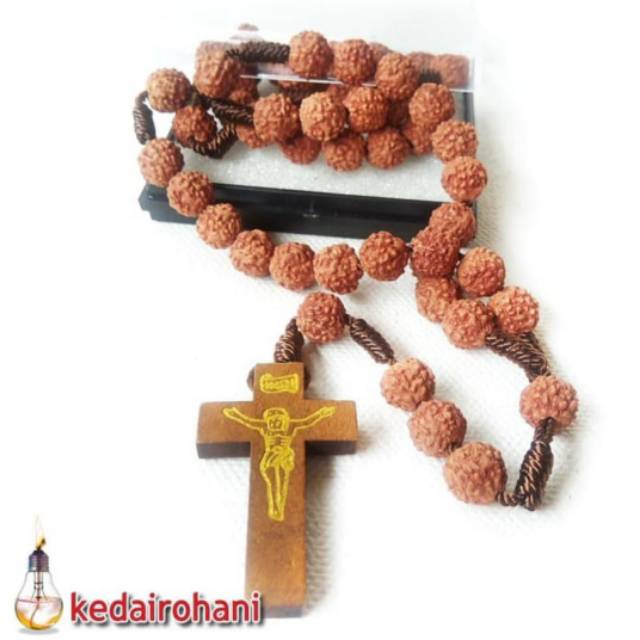 Kalung Rosario Unik Manik Natural Alami Biji Jenitri Ganitri Genitri Rudraksha Salib Kayu Tali Pilin