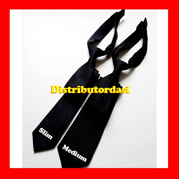 Dasi Instant Hitam Salur Slim Standart Pakai Velcro Atau Prepetan