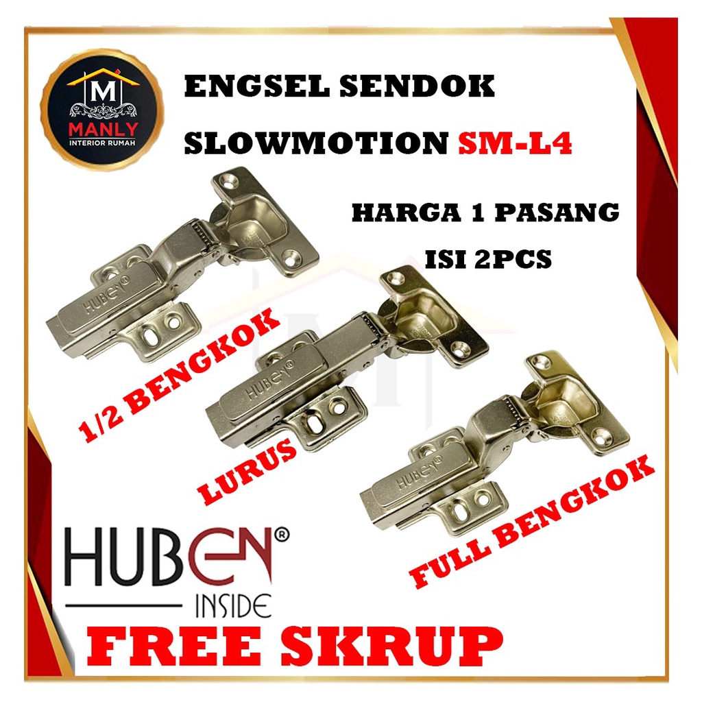 Engsel slowmotion HUBEN..engsel hidrolik huben. LUBANG 4 SM-L4 (Lurus / Setengah / Full Bengkok Bungkuk) HARGA 1PASANG(2PCS)