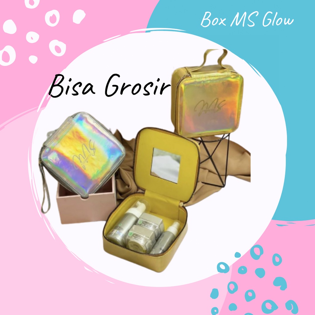 Box Boks Bok Kotak Pouch Kantong Tempat Make Up Skincare MS GLOW Dalam Kaca Resleting Hologram