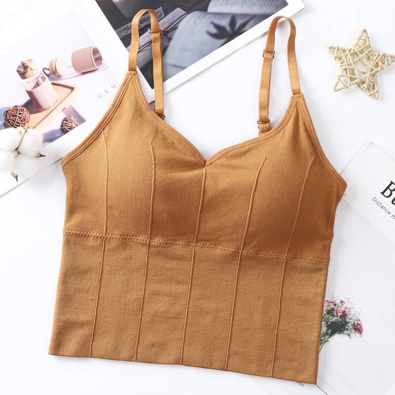 Blackpink Tank Top Crop Top  Sport Tali elastis Gaya Retro Leher V Pakain Dalam Wanita 1133-BROWN