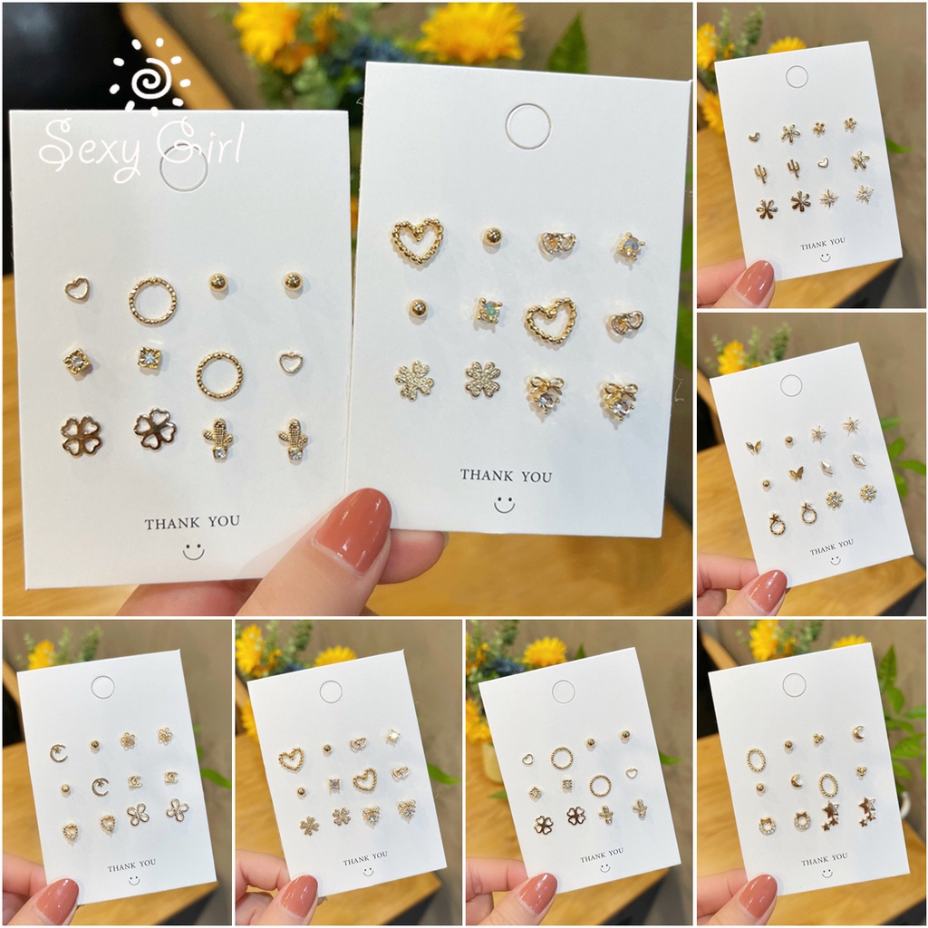 6pairs/set S925 Sterling Silver Needle Plain Geometric Earrings Diamonds Simple Versatile Temperament Pierced Earrings Sexy Girl Jewelry