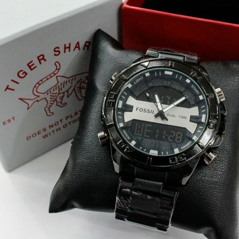 Jam Tangan Pria Fossil Dual Time Stainless Steel Back Strap Rantai 46mm Free Box