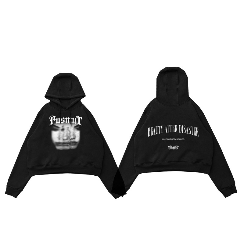 CROP HOODIE OVERSIZE PRIA WANITA UNIFINISHED PUNISHMENT BLACK MOTIF DISASTER PREMIUM HIGHT QUALITY