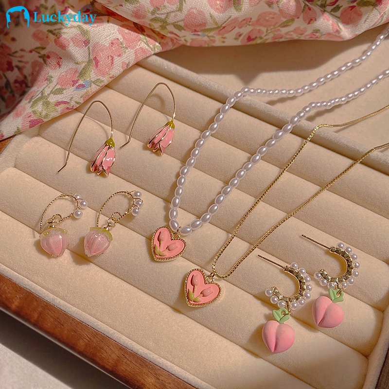 YEEZII Set Kalung Rantai + Anting Gantung Tusuk Motif Bunga Tulip + Hati + Mutiara + Hollow Untuk Perhiasan Wanita