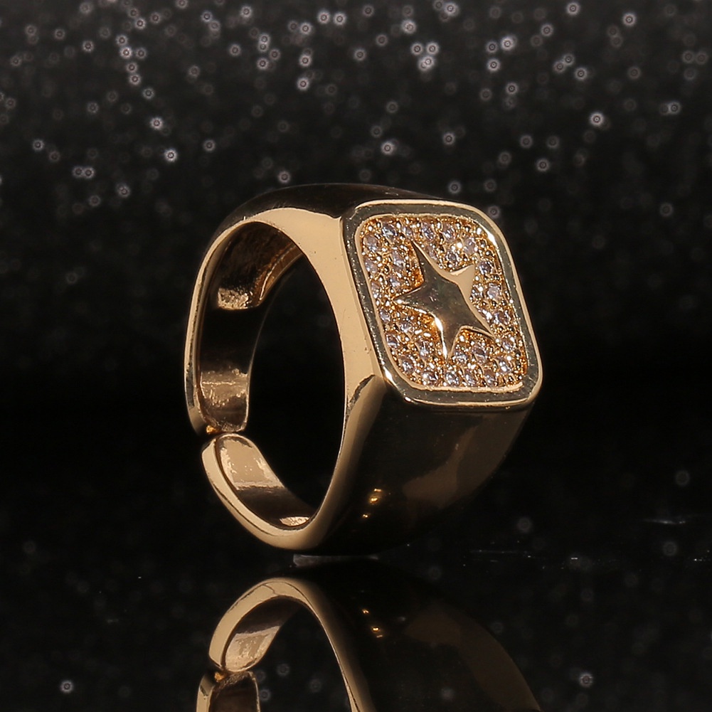 Ornamen square lebar cincin lima menunjuk bintang mikro bertatahkan zircon cincin hip hop kecil cinc