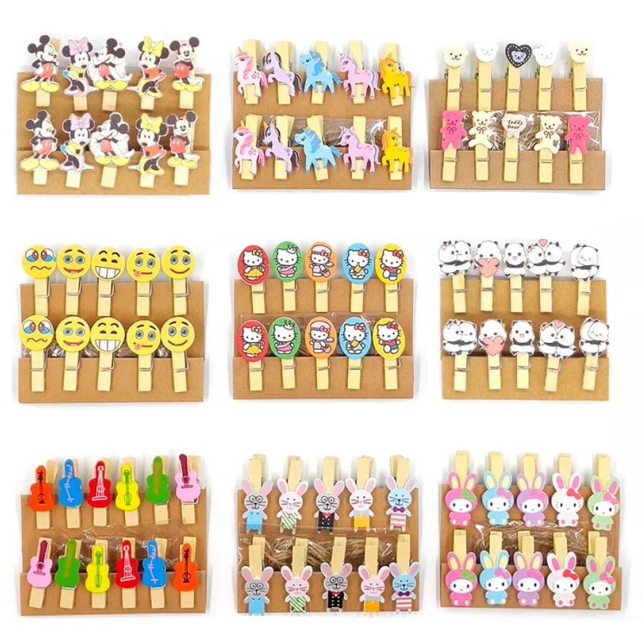 Vinztstore -  Penjepit Foto Polaroid Karakter Kayu Tali Rami Mini Wooden Clip Motif Lucu