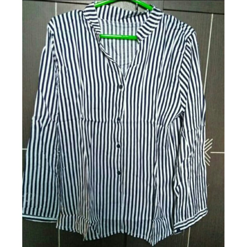 Baju Atasan Kemeja Salur Vertikal Wanita Fit To L Ps Cloth Navy Shopee Indonesia