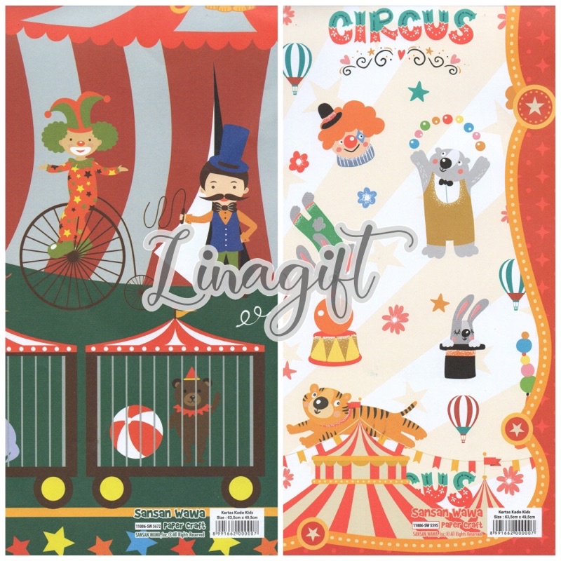 ( 5 Lembar ) CUTE ANIMAL SANWA - KERTAS KADO CIRCUS - GIFT WRAP PAPER SANSAN WAWA ZOO LION ZEBRA TIGER GIRAFFE PUPPY DOG ELEPHANT MONKEY ZOO