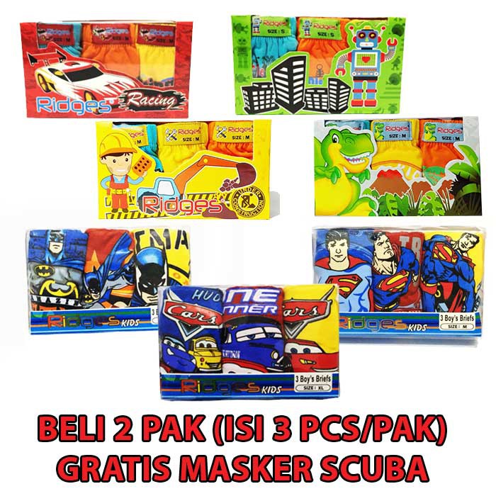 PROMO 2 PAK CELANA DALAM ANAK COWO RIDGES GRATIS 1 MASKER SCUBA ANAK ANAK (MOTIF RANDOM)