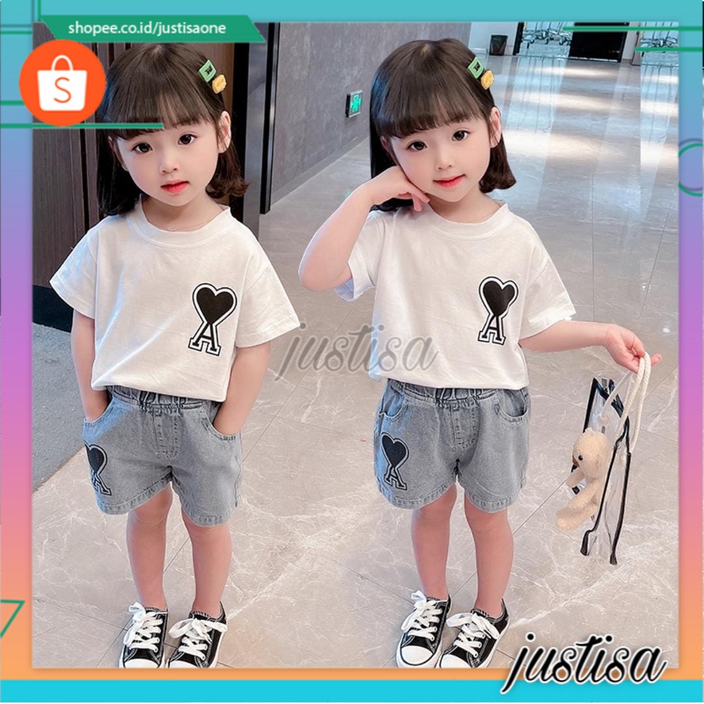 Promo !! Setelan kaos anak perempuan / Setelan anak celana pendek / Setelan heart alphabet ciss ukuran 1- 5 tahun