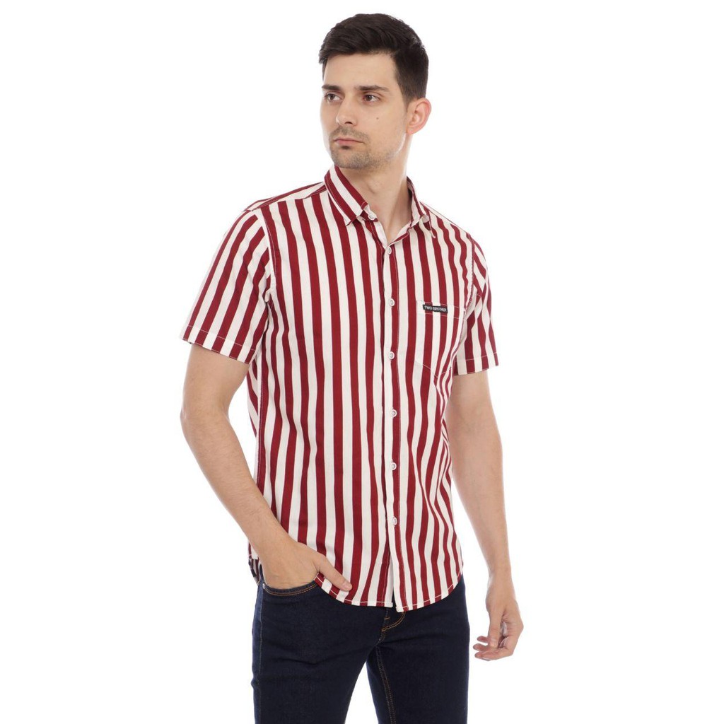  Kemeja  stripes  garis kemeja stripe pria  warna maroon 