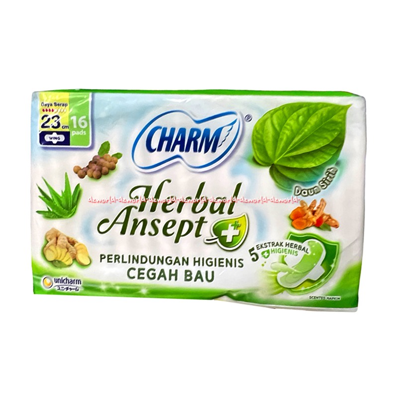 Charm Herbal Ansept 16pads Pembalut Wanita WIngs Exkstrak Herbal Daun Sirih Perlindungan Higienis Cegah Penghilang Bau 23cm Unicharm Carm Antiseptik Wing Sayap