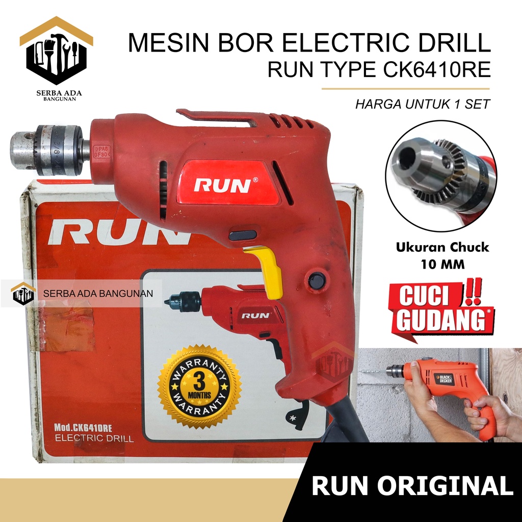 Mesin Bor RUN Impact Drill 10mm 13mm Set Reversible Mesin Bor Tangan Listrik