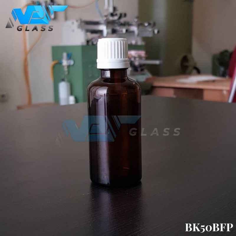 botol kaca 50ml amber coklat tutup filler putih / botol essential oil 50ml