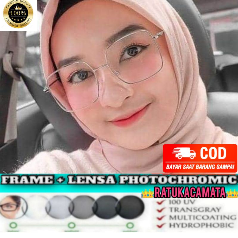 KACAMATA Frame Wanita Kotak,KACAMATA Photocromic,Antiradiasi,Minus,Blueray